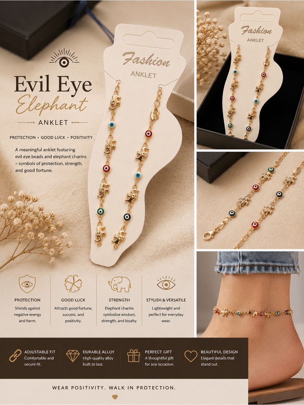 Gold Evil Eye Elephant Anklet - Multicolor